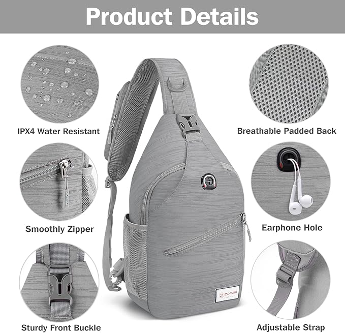 ZOMAKE Sling Bag,Small Crossbody Sling Backpack,Water Resistant Shoulder Daypack for Travel,Anti Thief Chest Bag for Hiking(Grey(Stripe))
