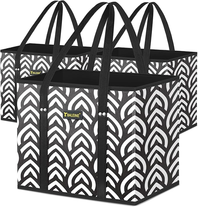 BALEINE 3Pk Reusable Grocery Bags, Foldable Shopping Bags for Groceries with Reinforced Bottom & Handles (Honeysuckle)