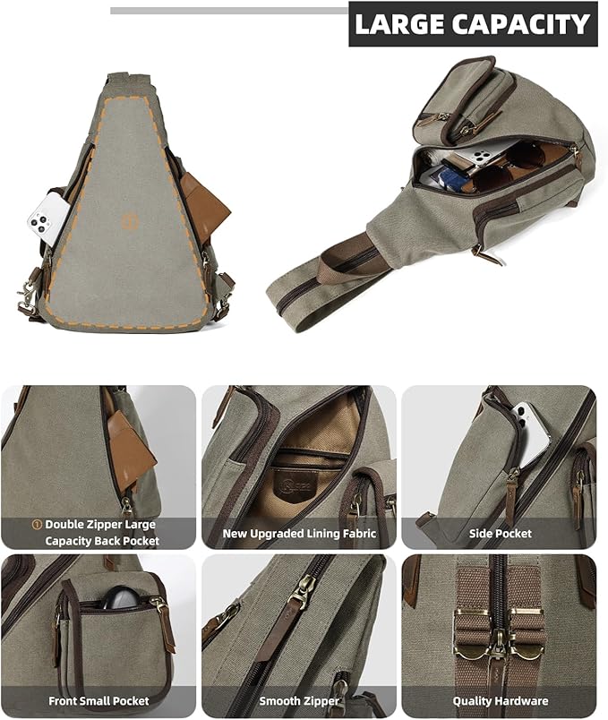 KL928 Canvas Sling Bag - Casual Crossbody Shoulder Daypack Rucksack Backpack for Men Women, Olive Green