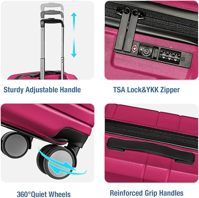 KYME Carry On Luggage 22x14x9 Airline Approved with TSA Lock Hard Shell Carry On Suitcase Lightweight Suitcases with Wheels Small Luggage for Men Women,Carry-On 20 Inch,Magenta