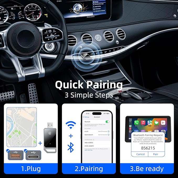 Wireless Carplay Adapter for iPhone, Converts Wired to Wireless Bluetooth, Plug and Play&No Delay, Mini Carplay with USB & USB C, Compatible with iPhone 6 or above/iOS10+ & Cars from 2016, Dark Gray