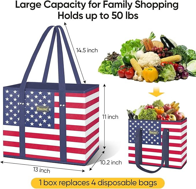 BALEINE 3Pk Reusable Grocery Bags, Foldable Shopping Bags for Groceries with Reinforced Bottom & Handles (Patriot Celebration)