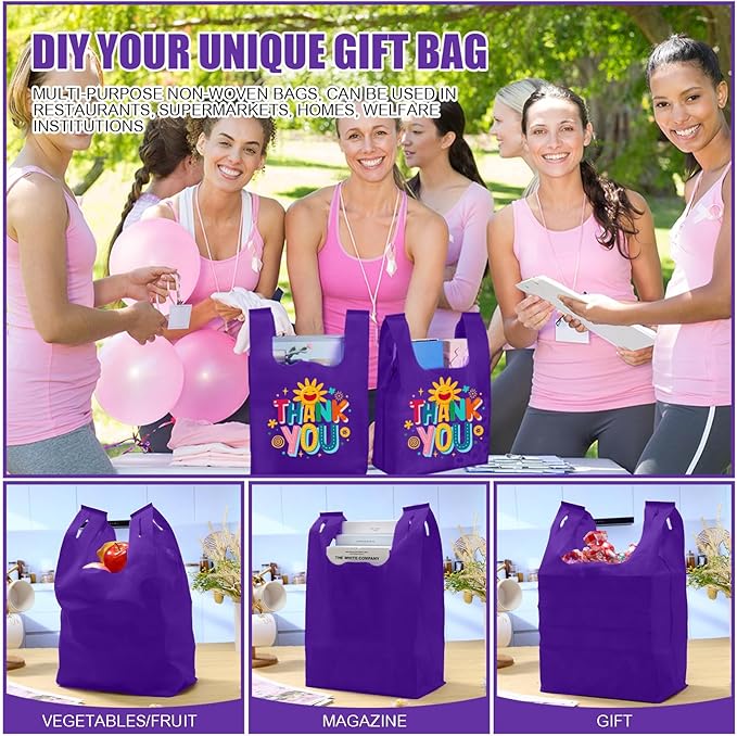 Windyun Large Grocery T-shirt Bags Bulk Reusable Non Woven Shopping Bag Foldable Gift Tote with Handle, 21x11x6 Inch