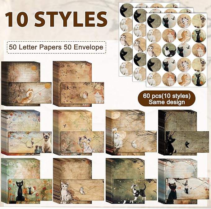 TaoBary 160 Pcs Stationery Paper Set 50 Double Sided Stationery Papers with 50 Matching Envelopes and 60 Round Dot Sticker, 10 Design(Kitten,8.5 x 11 Inch)