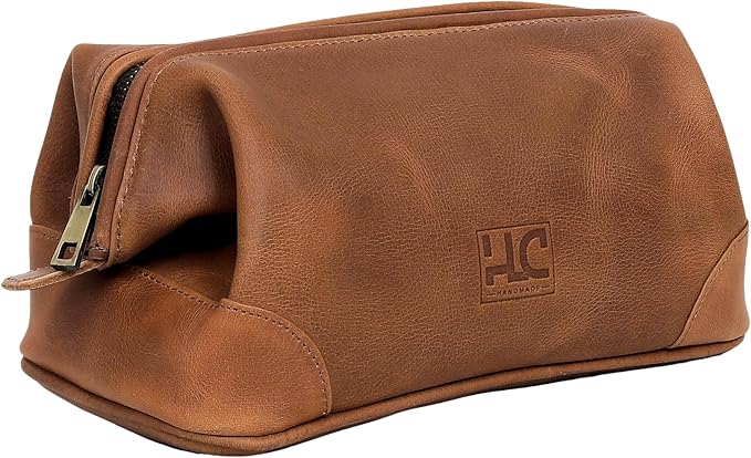 HLC Leather Toiletry Bag for Men - Best Gift for Men - Premium Genuine Leather Dopp Kit Shaving Kit Organizer Travel Kit Pouch Bag for Men - Large Size (Tan)