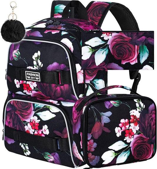 17 Inches Backpack for Girls Women, 3Pcs Rose Laptop Backpacks with Lunch Bag, Water Resistant College School Bookbag Set for Teens Students(Black)