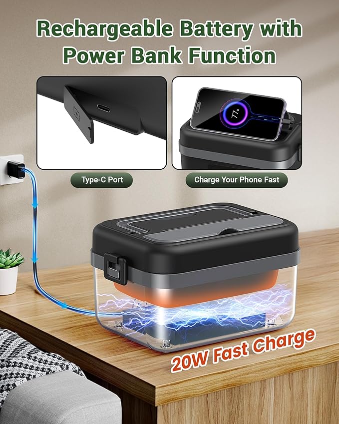 ODSD Cordless Electric Lunch Box for Adults, 16000mAh Rechargeable Self-Heating Lunch Box Food Warmers with Timer & Adjustable Heating, 34oz/1L Container with Insulated Bag for Office Car Outdoor