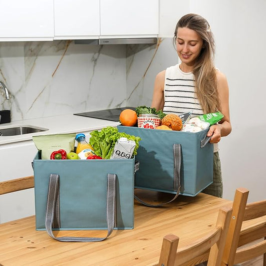VENO 2 Pack 8 Gallon Reusable Grocery Bags, Extra Large Shopping Bags for groceries, Utility Tote with Handles and Hard Bottom, Foldable Cart Organizer, Water Resistant, Heavy-Duty (Light Blue)