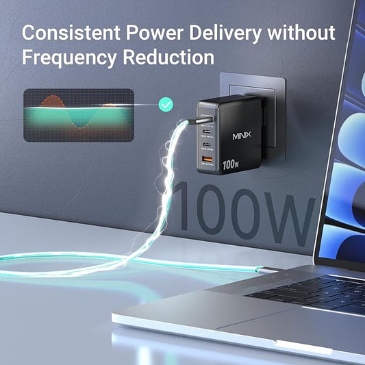 MINIX 100W USB C Charger, 4-Port USB-A/C Foldable Fast Gan Charger (Max 100W/30W/22.5W), Compatible with MacBook Pro/Air, iPad, iPhone 15/16 Pro, Galaxy S24, and More for Home, Traveling