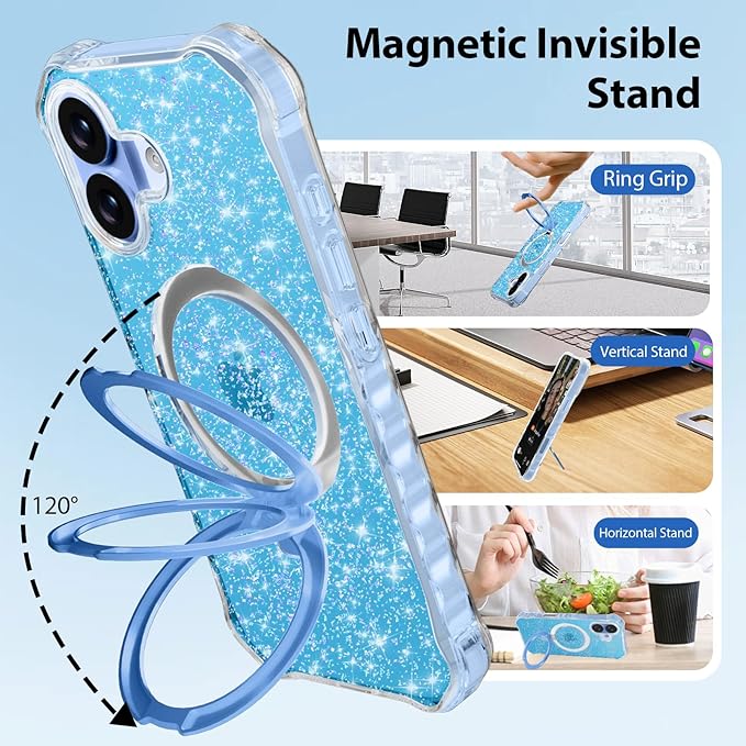 Magnetic for iPhone 17 Case with Invisible Stand, Compatible with MagSafe, Clear Bling Sparkle Shockproof Slim Anti-Slip Military Drop Protection Hard Phone Case 6.3" Glitter Blue