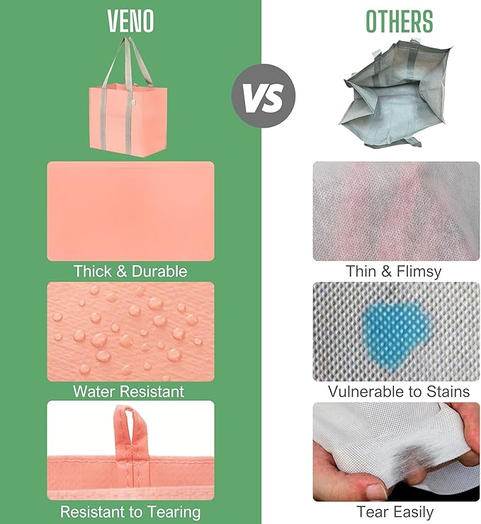 VENO 4 Pack Reusable Grocery Bags, Heavy-Duty Shopping Bags with Handles and Hard Bottom to Stand Upright, Foldable, Multi-Purpose, Sustainable (Peach Pink, 4 Pack)