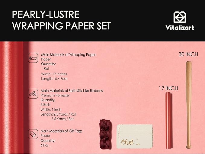 Vitalizart Red Wrapping Paper Set 17" Pearly-Lustre With Silk Like Satin Ribbon & Gift Tags Recyclable Eco-Friendly Christmas Gift Wrapping Birthday Baby Shower Wedding Handmade Crafts 197"(16.4 Ft)