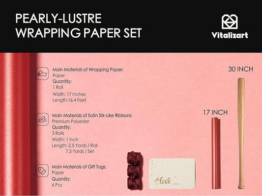 Vitalizart Red Wrapping Paper Set 17" Pearly-Lustre With Silk Like Satin Ribbon & Gift Tags Recyclable Eco-Friendly Christmas Gift Wrapping Birthday Baby Shower Wedding Handmade Crafts 197"(16.4 Ft)