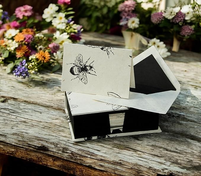 Kathmandu Valley Co. Nepali Cherish Greeting Card & Envelope Deluxe Box Set with Handmade Lokta Paper from Nepal, 25 Cards (Bees)