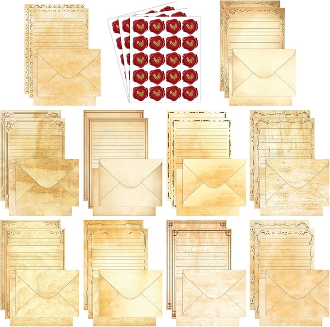 TaoBary 160 Pcs Stationery Paper Set 50 Double Sided Stationery Papers with 50 Matching Envelopes and 60 Round Dot Sticker, 10 Design(Vintage,5.5 x 8.25 Inch)
