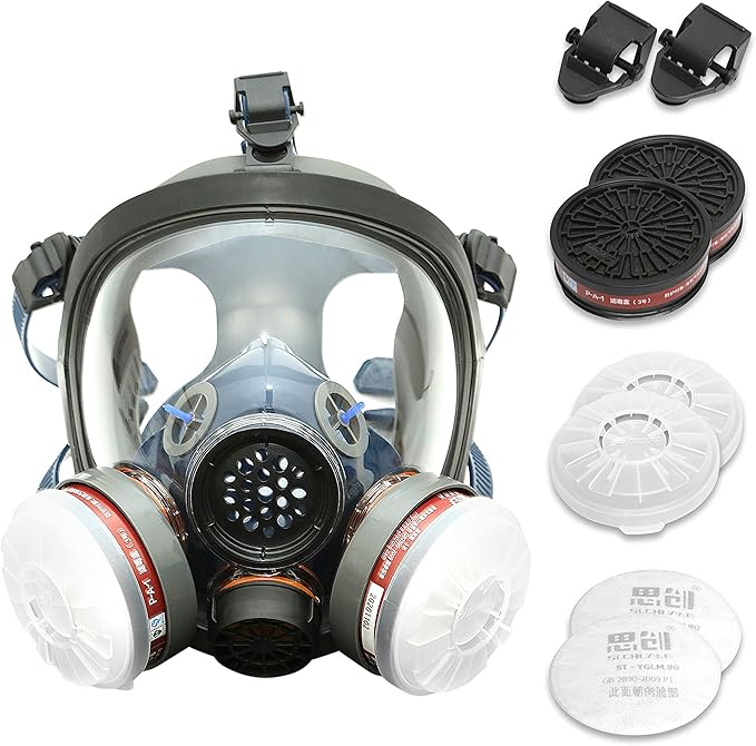 Full Face Organic Vapor Respirator - Protective Eye & Nose Shield with Anti-Fog Heavy Duty Lens & Adjustable - Chemical, & Particulate Respirator. Includes 2 Filter Cartridges - Industrial Grade