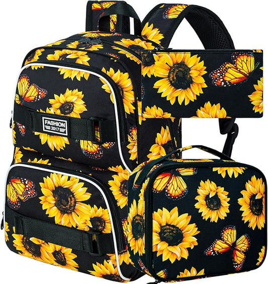 3Pcs Backpack for Girls Women, 17 Inches Sunflower Laptop Backpacks with Lunch Bag, Water Resistant College School Bookbag Set for Teens Students(Yellow)