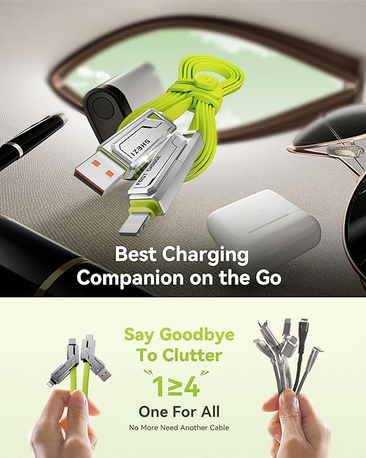 [2025 Upgrade] 4-in-1 USB C Cable 60W 5FT Compatible With Lightning Cable [Fast Charging & Data Transfer] Flat Type C/A to C/L Cord for iPhone/iPad, Multi Charger Wire Combo for All Devices (Green)