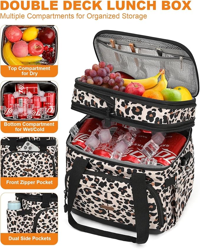 Lunch Box For Men Women Double Deck Insulated Lunch Bag For Men Woman Leakproof Expandable Cooler Bag with Adjustable Shoulder Strap for Work Picnic School(Leopard,16L)