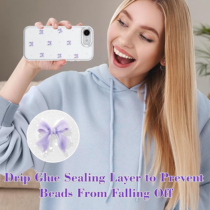 EYZUTAK Case for iPhone 16e, Bling Glitter 3D Bowknot Phone Case Cute Sparkly Crystal Clear Bow Aesthetic Design Cover Slim Soft Durable TPU Transparent Protective Cover for Women Girl - Purple Bow