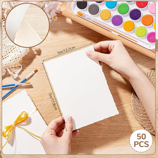 50 Sheets Deckled Edge Paper 5 x 7inch, 160 GSM Handmade Paper Rough/Textured Watercolor Paper for Wedding Invitations, Cards, Crafts