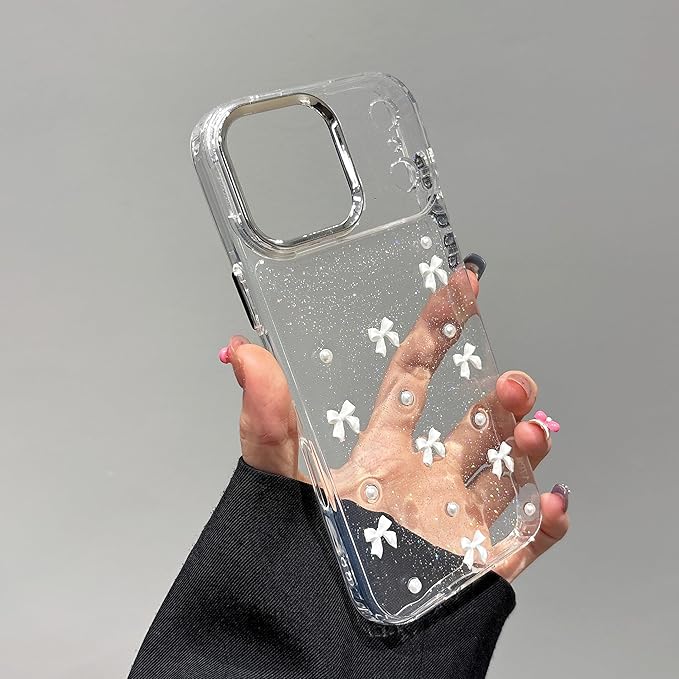 EYZUTAK Case for iPhone 17 Pro, Bling Glitter 3D Bowknot Phone Case Cute Sparkly Crystal Clear Bow Aesthetic Design Cover Slim Soft Durable TPU Transparent Protective Cover for Women Girl - White Bow