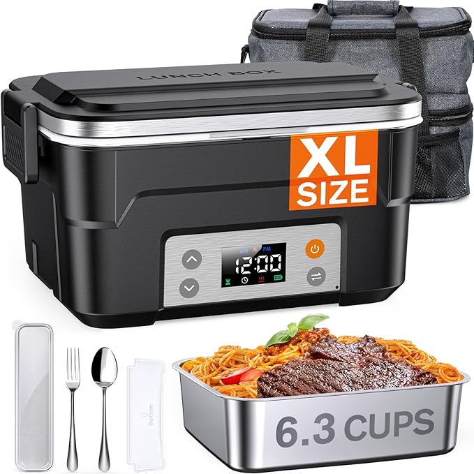 EAST OAK XL 6.3-Cup Cordless Electric Lunch Box for Adults, Heated Lunch Box for Men with Scheduled Heating, Portable Car Food Warmer with Utensils, Two-Tier Bag, Removable Divider