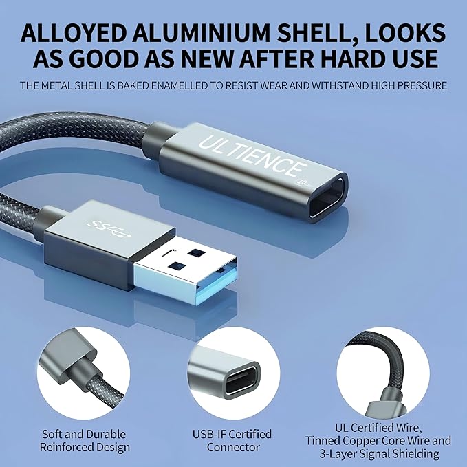 USB-C Female to USB 3.0 Male Adapter Cable, 10Gbps Ultra-Fast Transfer Speed, 60W Fast Charging, Durable Braided 1.2m Cable, Sturdy Metal Plug for Laptops, PCs & Smartphones (Grey 3.3ft)