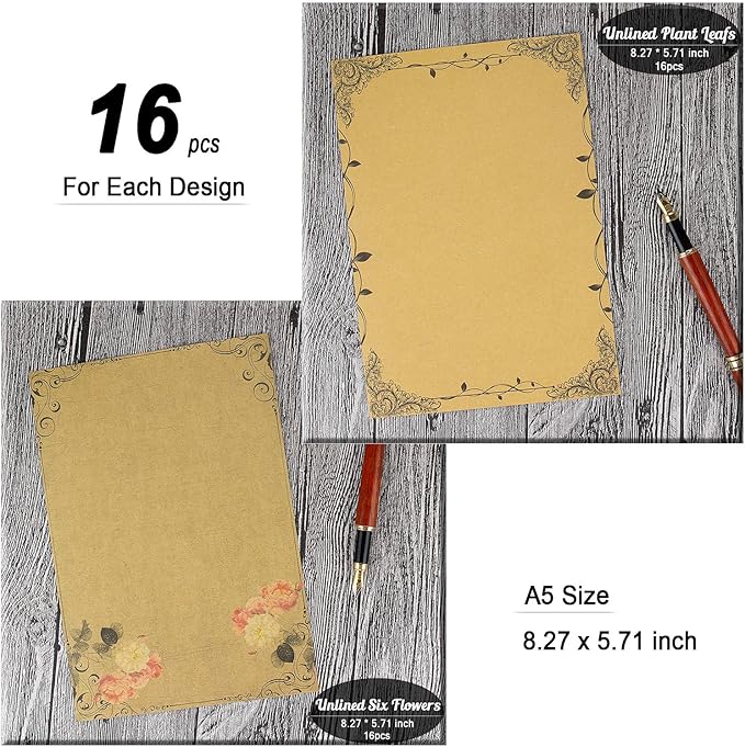 128 Sheets 8 Style Vintage Stationary Paper, 5.7 x 8.3 inch A5 Size 100gsm Kraft Floral Printed Letter Writing Stationery Bulk Set for Personalized Letters, Creative Poems, Lyrics, Notes, etc.