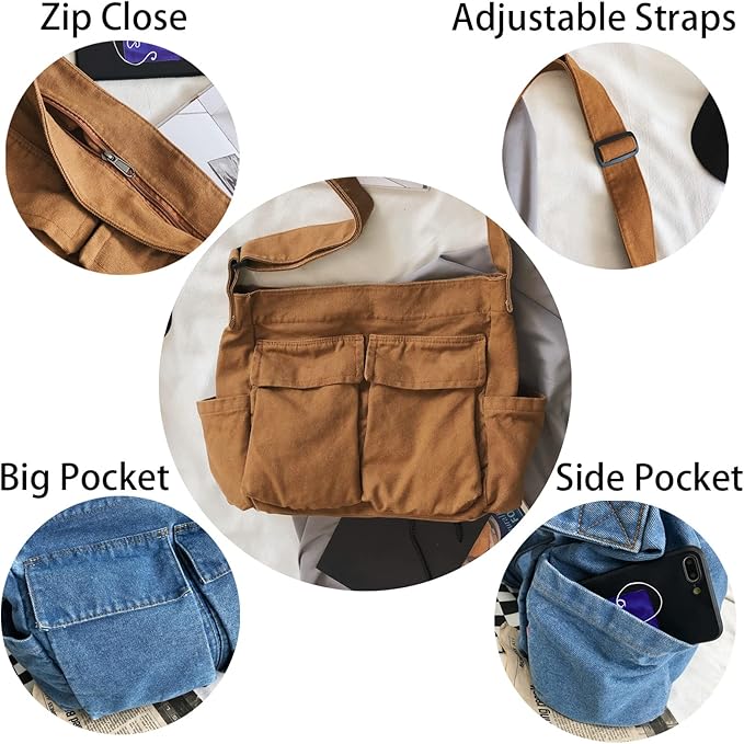 KlaOYer Canvas Messenger Bag Large Hobo Bag Crossbody Shoulder Bag Tote Bag with Pocket for Women and Men