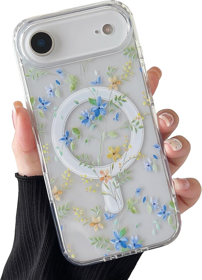 ZTOFERA for iPhone Air Magnetic Case Compatible with Magsafe,Aesthetic Floral Pattern Design Cute for Girl Women,Anti-Drop Protective Hard Phone Cover for iPhone Air-Blue Flower