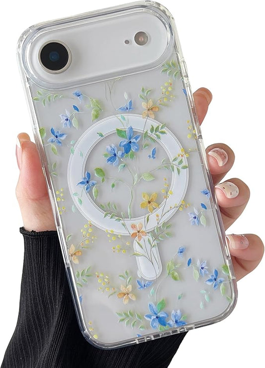 ZTOFERA for iPhone Air Magnetic Case Compatible with Magsafe,Aesthetic Floral Pattern Design Cute for Girl Women,Anti-Drop Protective Hard Phone Cover for iPhone Air-Blue Flower