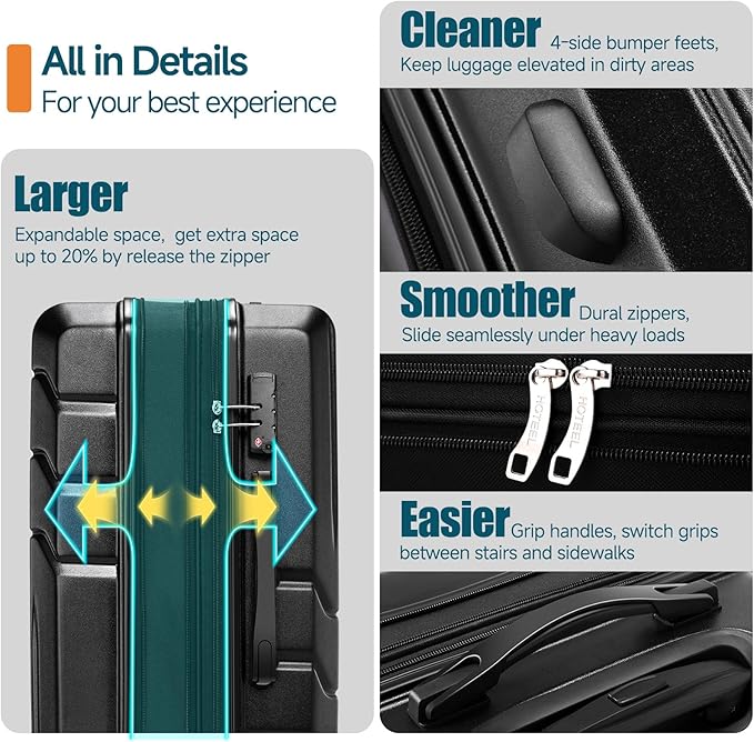 Hoteel Luggage Sets 3 Piece, ABS+PC Hard Shell Expandable Suitcases with Wheels, TSA Aproved Lock and Carry on Bags, Travel Suit Case Set for Men and Women, (3-Piece, Black)