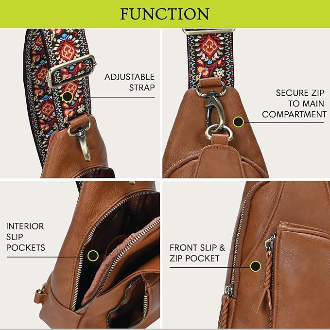 Antik Kraft Tasha Webbing Strap Sling (Tan) | Vegan Leather Crossbody Bag for Women with 16-20" Strap | Sling Bags for Women with Durable Antique Brass Hardware | 7in x 2.5in x 12.5in |