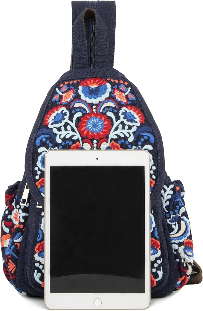 SILKAREA Vintage Embroidered Floral Ethnic Backpack for Women Handbag Shoulder Bag Mini Travel Purse (Embroidered Blue)