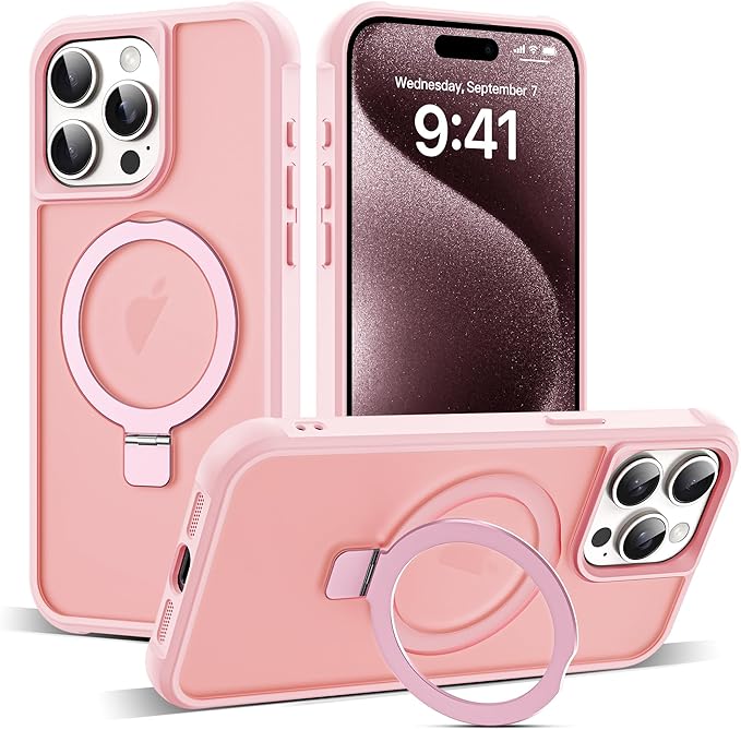Compatible with iPhone 15 Pro Max Case with Invisible Magnetic O-Ring Stand Military-Grade Translucent Case for iPhone 15 ProMax 6.7" [Compatible with Mag-Safe][Great Grip Feeling], Pink