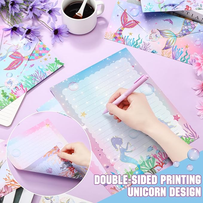 TaoBary 160 Pcs Stationery Paper Set 50 Double Sided Stationery Papers with 50 Matching Envelopes and 60 Round Dot Sticker, 10 Design(Mermaid,8.5 x 11 Inch)