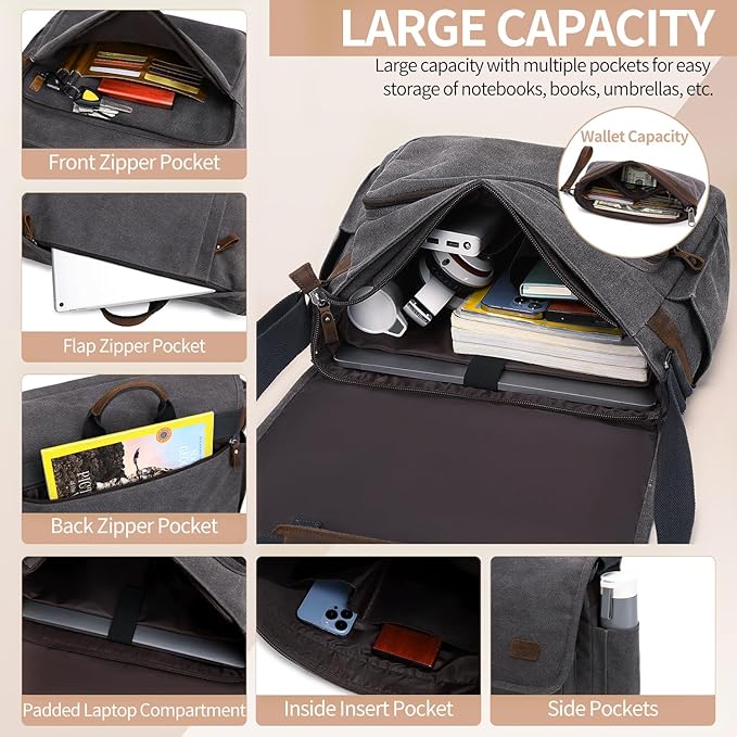 Nerlion Messenger Bag for Men 17-17.3 Inch Laptop Bag Canvas Water-resistant Computer Bag Shoulder Bag Work Briefcase Bookbag for College (Gray)