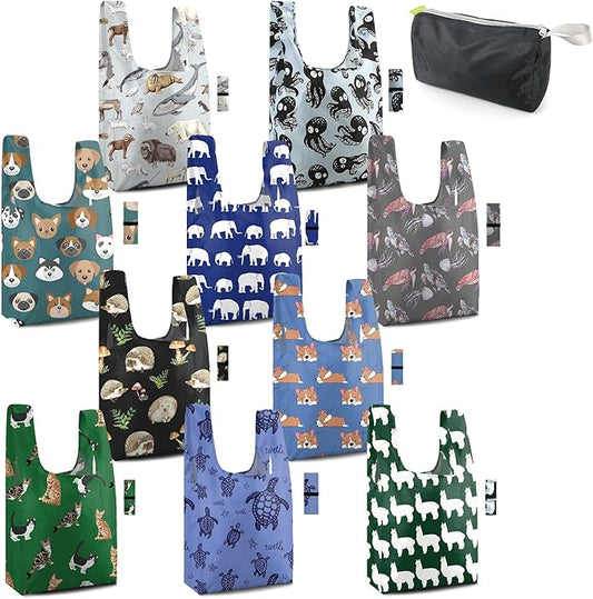 BeeGreen Reusable Grocery Bags Bulk Gifts 10-Pack - Large Tote with Zipper Pouch | Foldable & Washable Polyester Shopping Bags Heavy Duty Animal Lover Gifts Reusable Bag With Handles