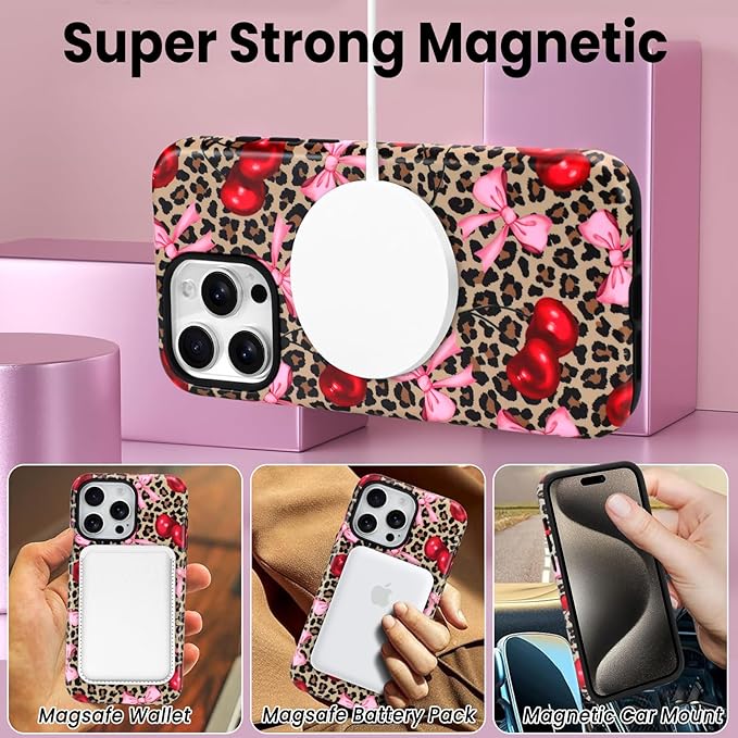 SOKAD Magnetic Cherry Bow Phone Case for iPhone 15 Pro Max, Cute Cherry Pink Bow Vintage Leopard Pattern Compatible with Magsafe Matte Protective Case Cover with Screen Protector for Girls Women