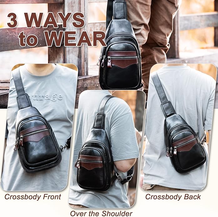 Genuine Leather Sling Bag for Men and Women Crossbody Shoulder Bag Sling Backpack Chest Purse Carry on Casual Daypack