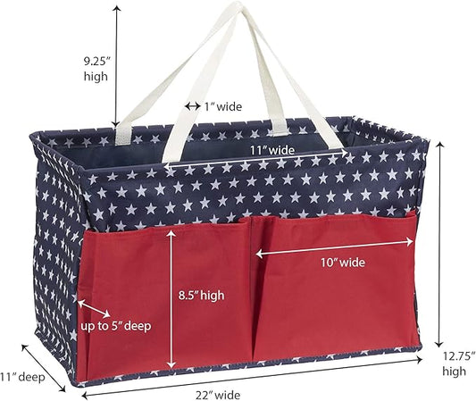 Household Essentials Krush Container All-Purpose Utility Tote, Water-Resistant Vinyl Lining with Pockets, Red, White and Blue