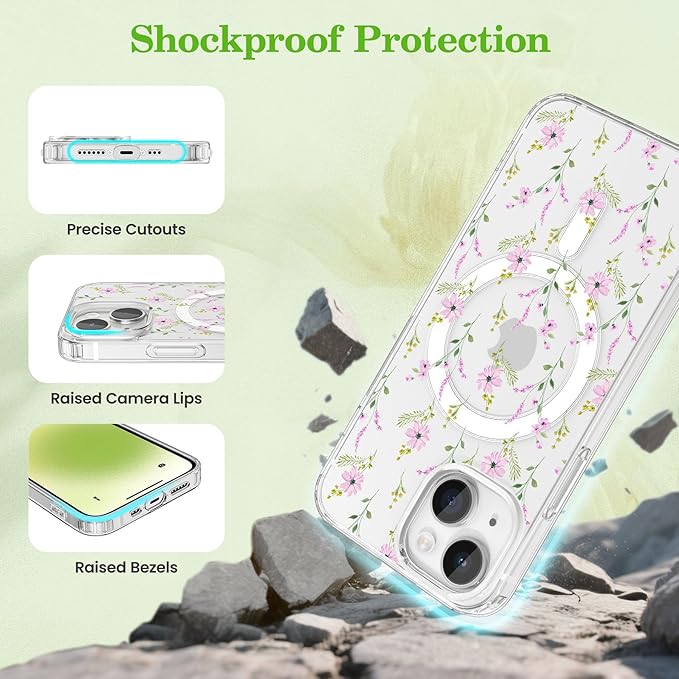 ZTOFERA for iPhone 15 Magnetic Case Compatible with Magsafe,Aesthetic Floral Pattern Design Cute for Girl Women,Anti-Drop Protective Hard Phone Cover for iPhone 15-Pink Flower