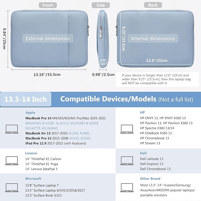 HYZUO 13.3-14 Inch Laptop Sleeve Bag Set for MacBook Pro 14 M4/M3/M2/M1, MacBook Air/Pro 13.3, 13.5"/13.8" Surface Book/Laptop, Notebook Case for 13.3" HP Dell Lenovo Asus Acer, Pale Blue