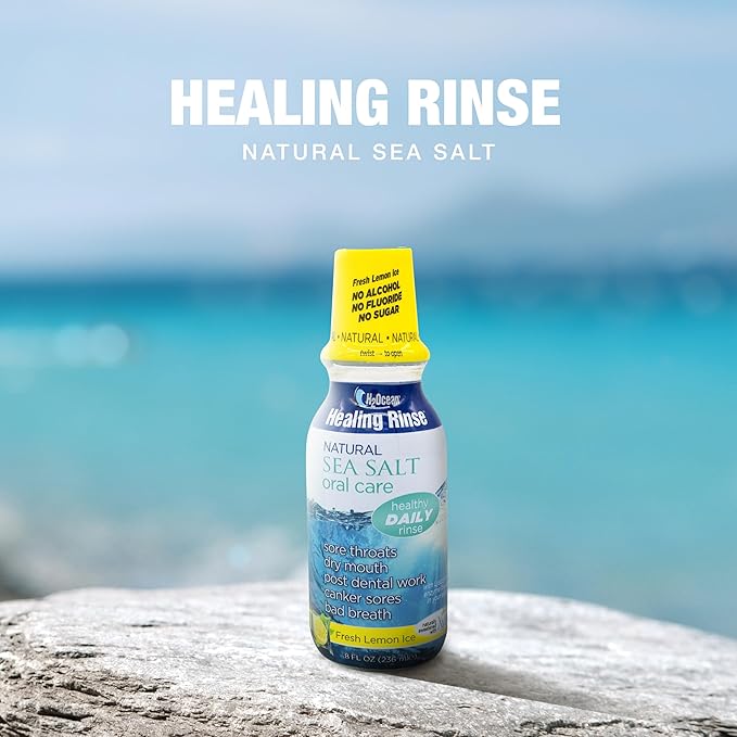 H2Ocean Healing Rinse Natural Sea Salt Oral Care - Mouth Rinse for Oral Care - Great for Piercings, Sore Throats & Gum Health - Alcohol- & Fluoride-Free Mouthwash - Lemon Ice, 8 oz