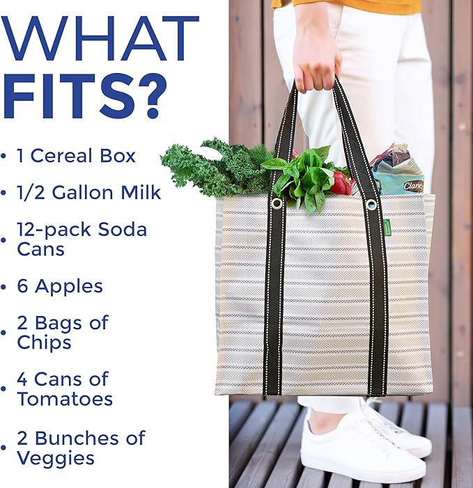 Creative Green Life 3 Pack Heavy Duty Reusable Grocery Bags with Hard Bottom & Strong Handles – Foldable, Durable, Easy to clean, Water-Resistant & Multi-Purpose (Gray Stripes)