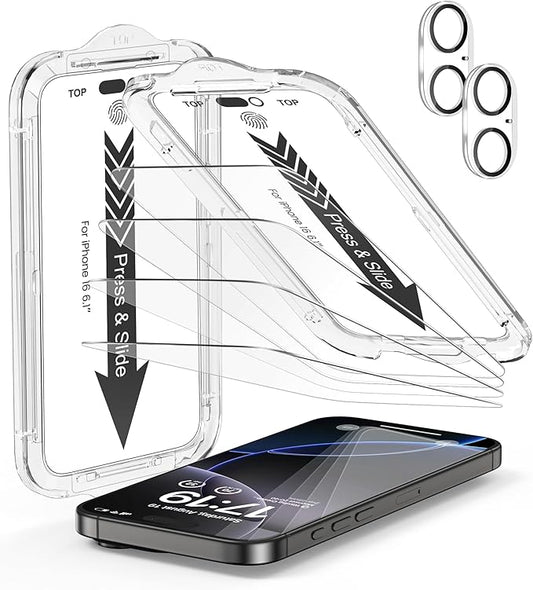 EZ-GLAZ- 4 Pack for iPhone 16 Screen Protector [6.1"] With 2 Pack Camera Lens Protector, 9H+ Hardness 12FT Military Grade Shatterproof Scratch Resistant Durable Tempered Glass Film with Flawless Fit Kit, HD Clear