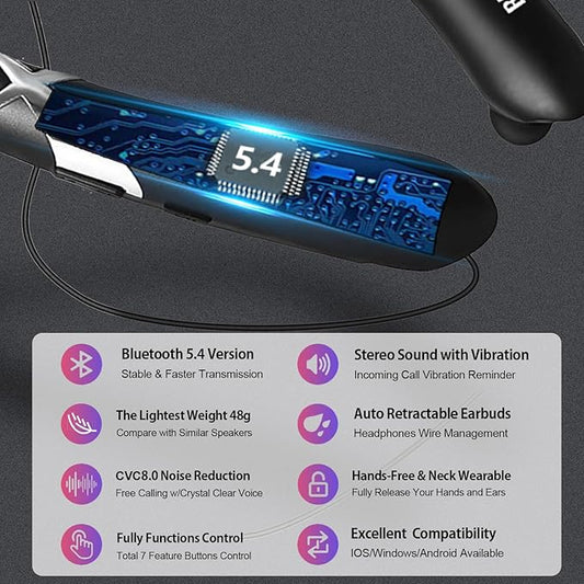 Gardway Neckband Bluetooth Headphones, Bluetooth 5.4 Wireless Headphone with Retractable Earbud,CVC8.0 Noise Cancelling, 15Hrs Playtime, IPX5 Waterproof Around The Neck Headphones for Sport
