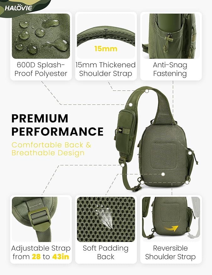 HALOVIE Anti-theft Tactical Sling Bag RFID ArmyGreen Military Shoulder Bag with Phone Pack EDC Molle Crossbody Bag for men