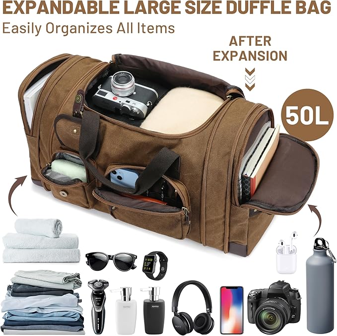Travel Duffle Bag for Men, Duffle Bag for Travel, Heavy Duty Canvas Duffle, Carryon Bags for Airplanes, Expandable Vintage Overnight Luggage Weekender Bag, Waterproof Anti-tear Travel Bag